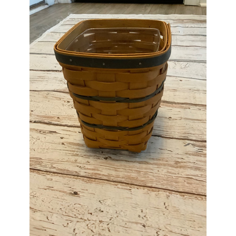 Longaberger 1996 Handwoven Small Tapered Basket with Plastic Liner Green Accents